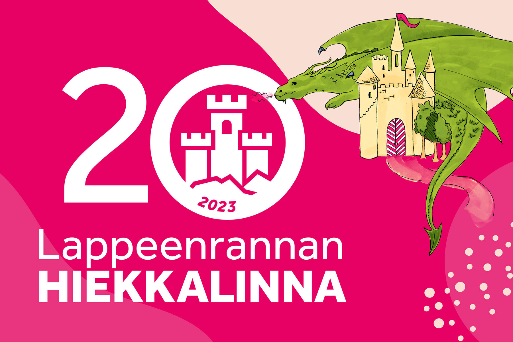 Hiekkalinnan juhlavuoden piirrosmainen markkinointi-ilme, jossa vaaleanpunaisella pohjalla teksti ”20 Lappeenrannan Hiekkalinna” sekä lohikäärme ja linna.